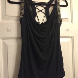 bebe Black Draped Tank with Crisscross Back and Embellished Shoulders
